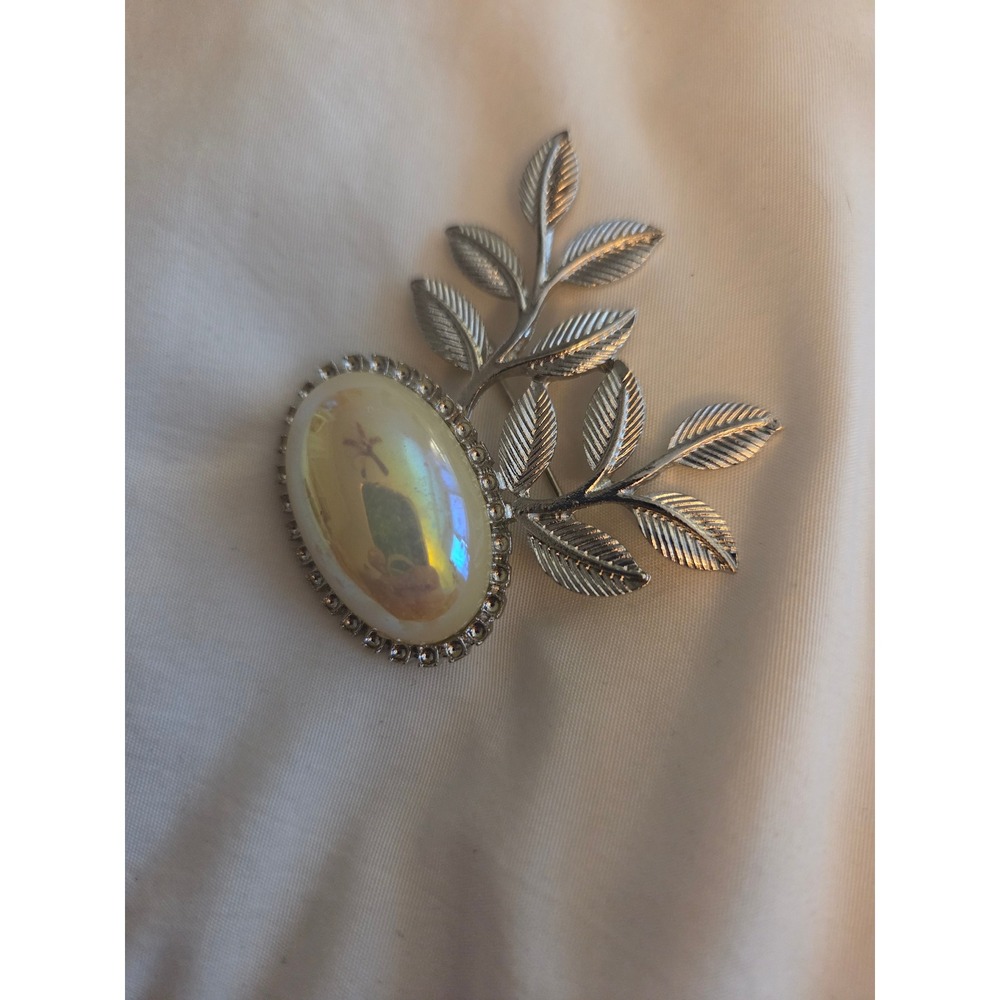 Vintage Silver Tone Leafy Branch Brooch with Iridescent Faux Moonstone Cabochon